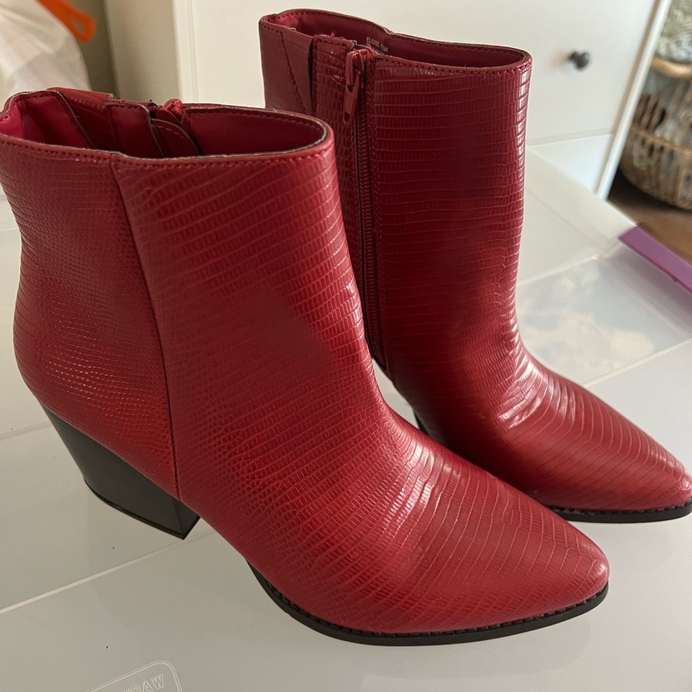 Red faux croc heeled boot
